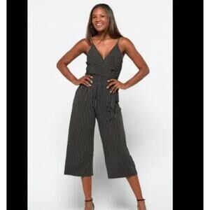 Kaileigh Black and White Striped Sleeveless Midi Jumpsuit Size 3X